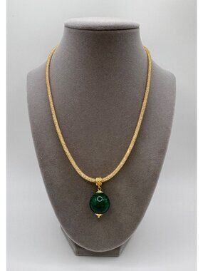 Gold Tone Mesh Necklace Green Banded Stone Pendant Statement Necklace 16.5”